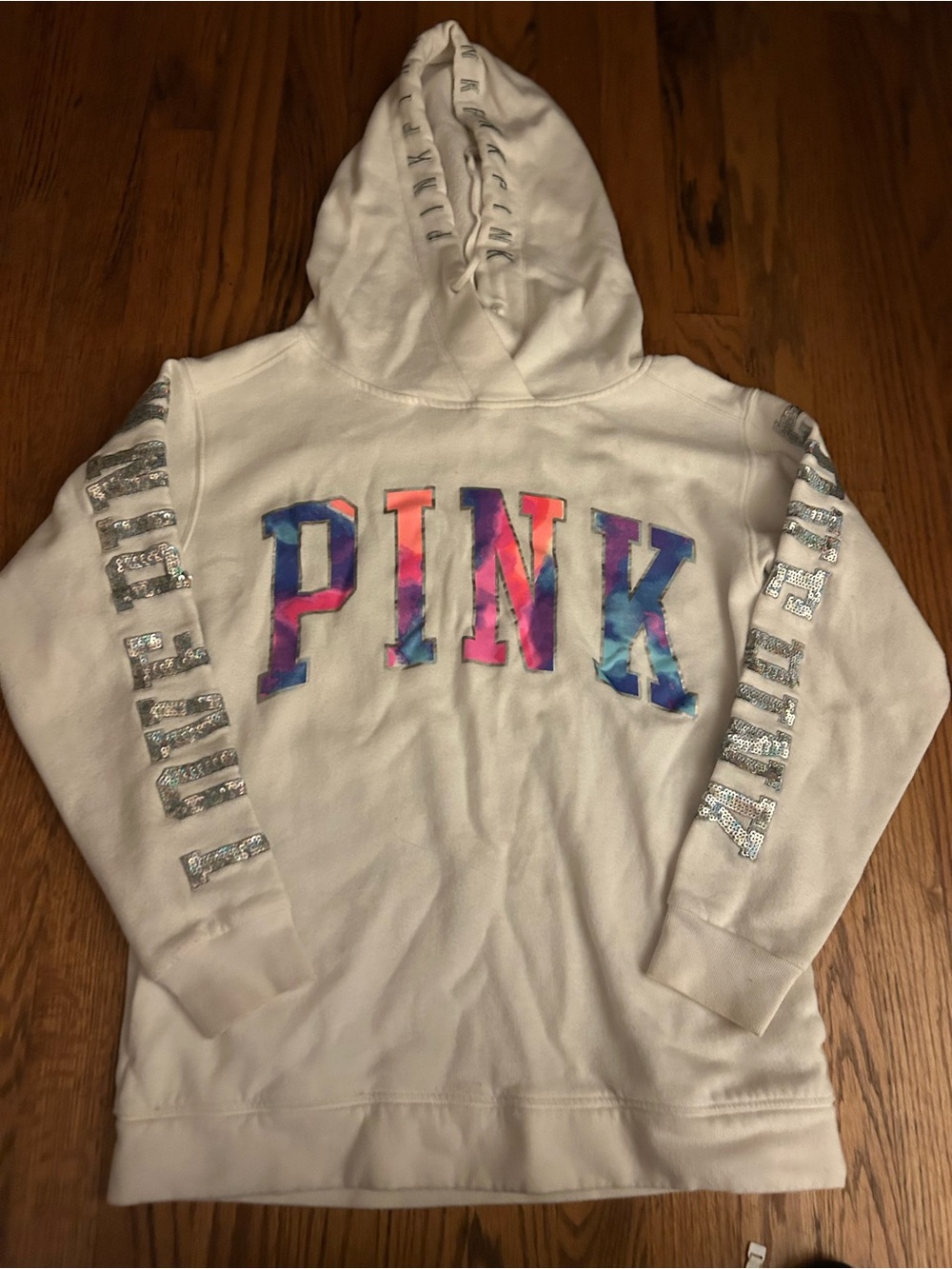 Pink Women’s Sz XS White Cotton Blend Hoodie W/ Sequin Details & “Pink” Spellout